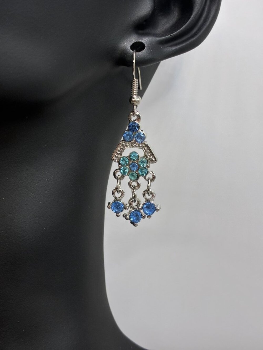 1.75" Silver & Blue Flower Dangle Earrings